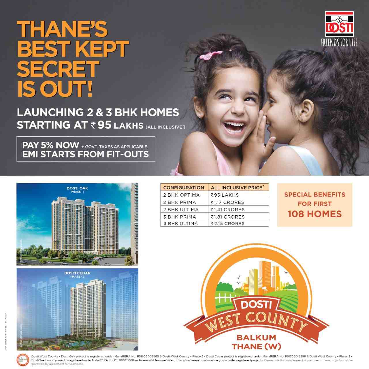 Pay 5% now and EMI starts from fit-outs at Dosti West County in Mumbai